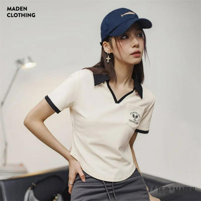 Maden Vintage V-Neck Shirt Women’s Casual Contrast Tee