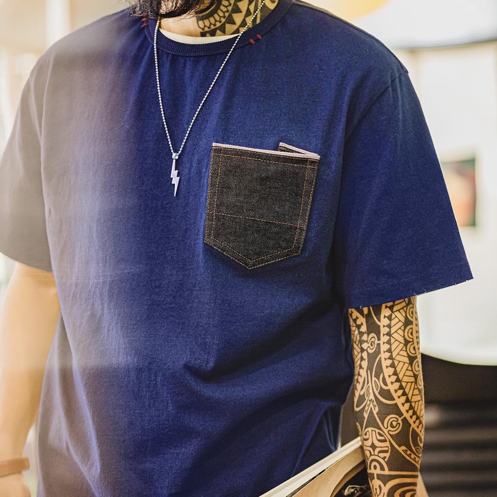 MADEN Japanisches T-Shirt aus schwerem Indigo mit Tasche