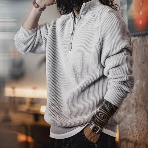 MADEN Men’s Retro Half-Zip Knit Sweater – Casual Mock Neck Stand Collar Pullover for Winter Layering