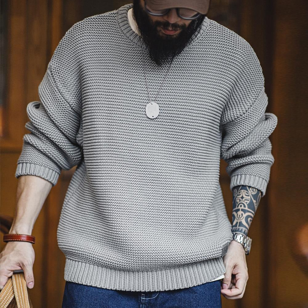 MADEN Men’s Heavyweight Chunky Knit Sweater – Loose Fit Round-Neck Pullover