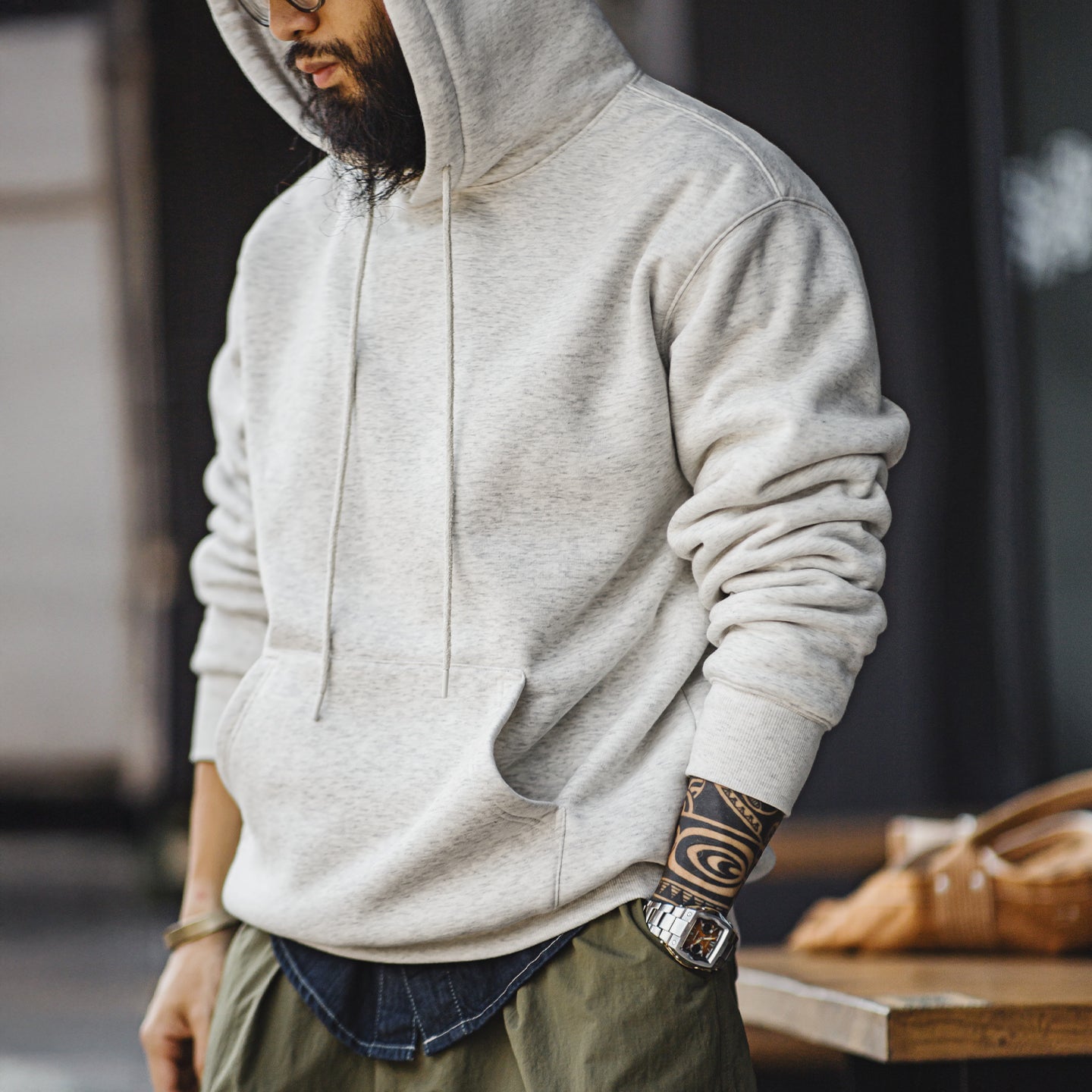 MADEN Herren Grauer Hoodie – Fleecegefüttert