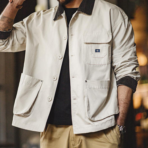 MADEN Retro Jacket Lapel Corduroy Collar Safari Jacket Big Pockets Men's Outwear