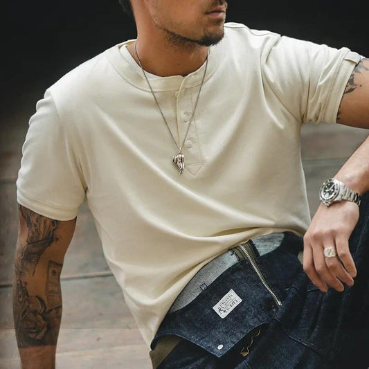 MADEN Men's Heavyweight Cotton Henley Long-Sleeve Shirt