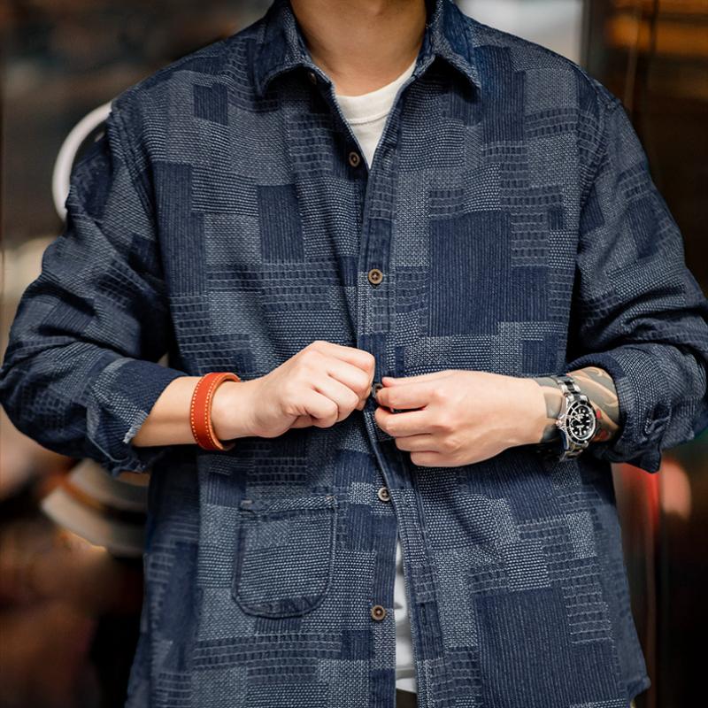 MADEN Boro Denimhemd mit Jacquard-Patchwork