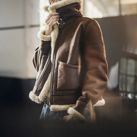 MADEN Women's Suede Shearling-Lined Short Padded Jacket Stand Collar Thick Warm Bomber Coat for Autumn Winter