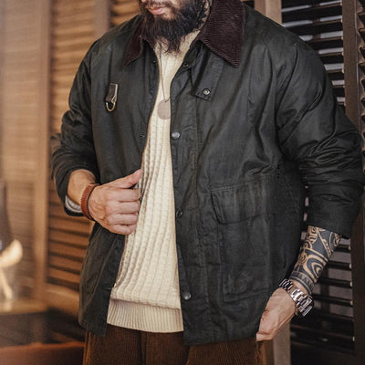Veste cirée vintage MADEN pour homme, imperméable, col en velours côtelé, style décontracté. 