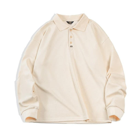 MADEN Retro Long Sleeve Polo – Classic Solid Color Tee