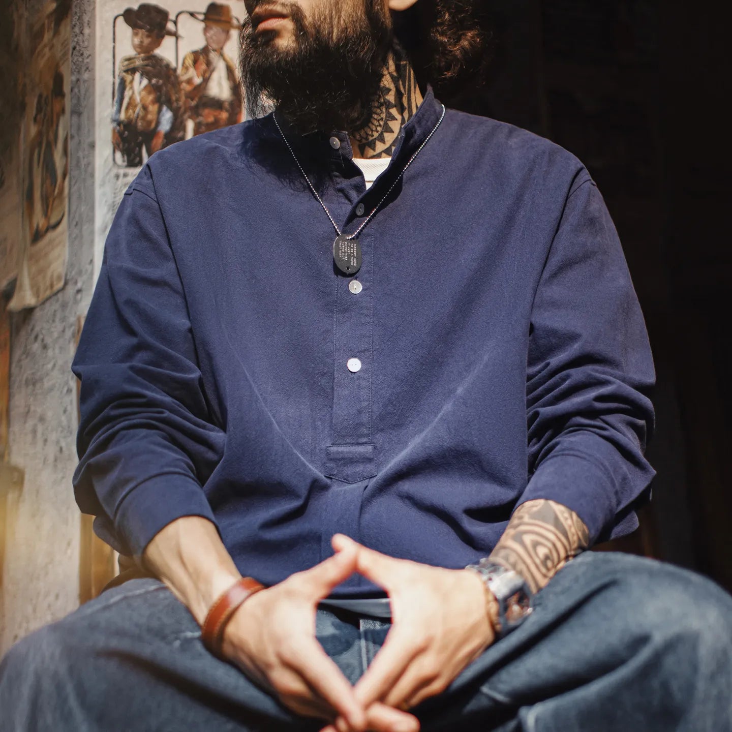 MADEN Navy Popover Shirt Cotton 100%