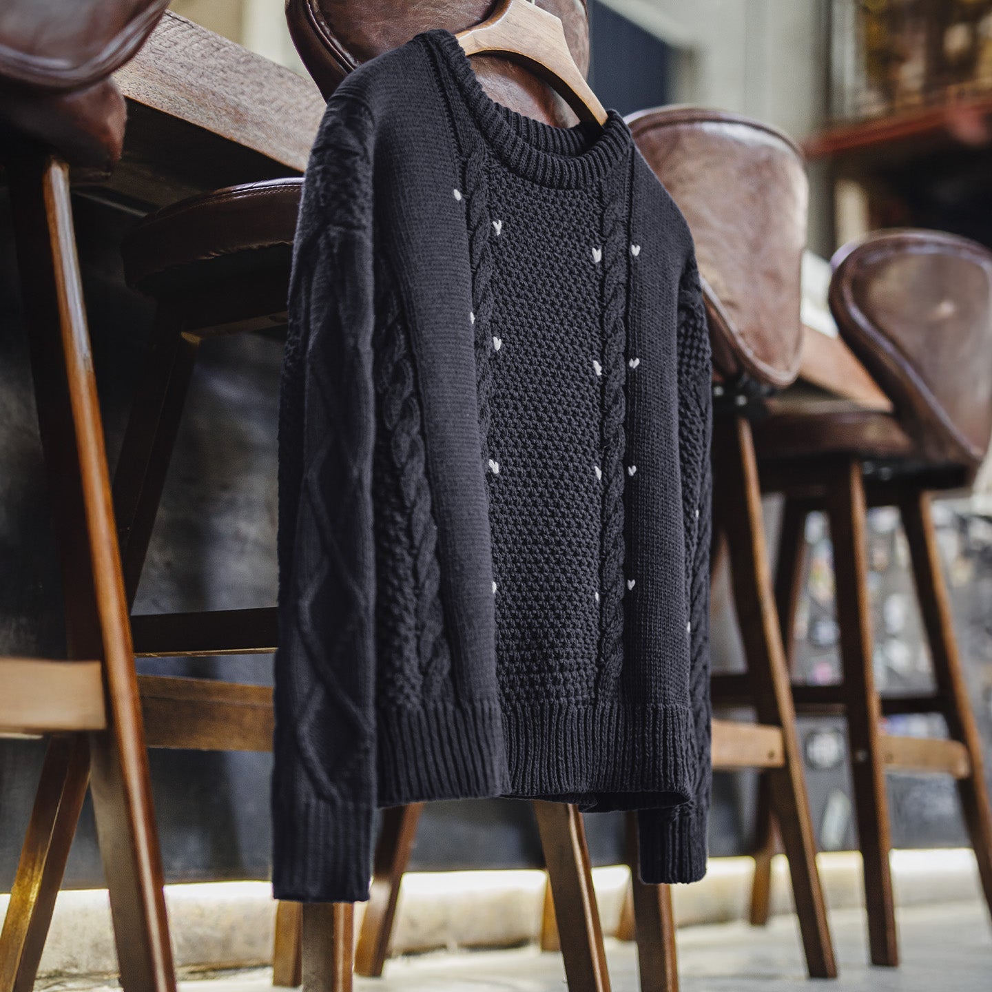 MADEN Cable Knit Heart Pattern Pullover Sweater