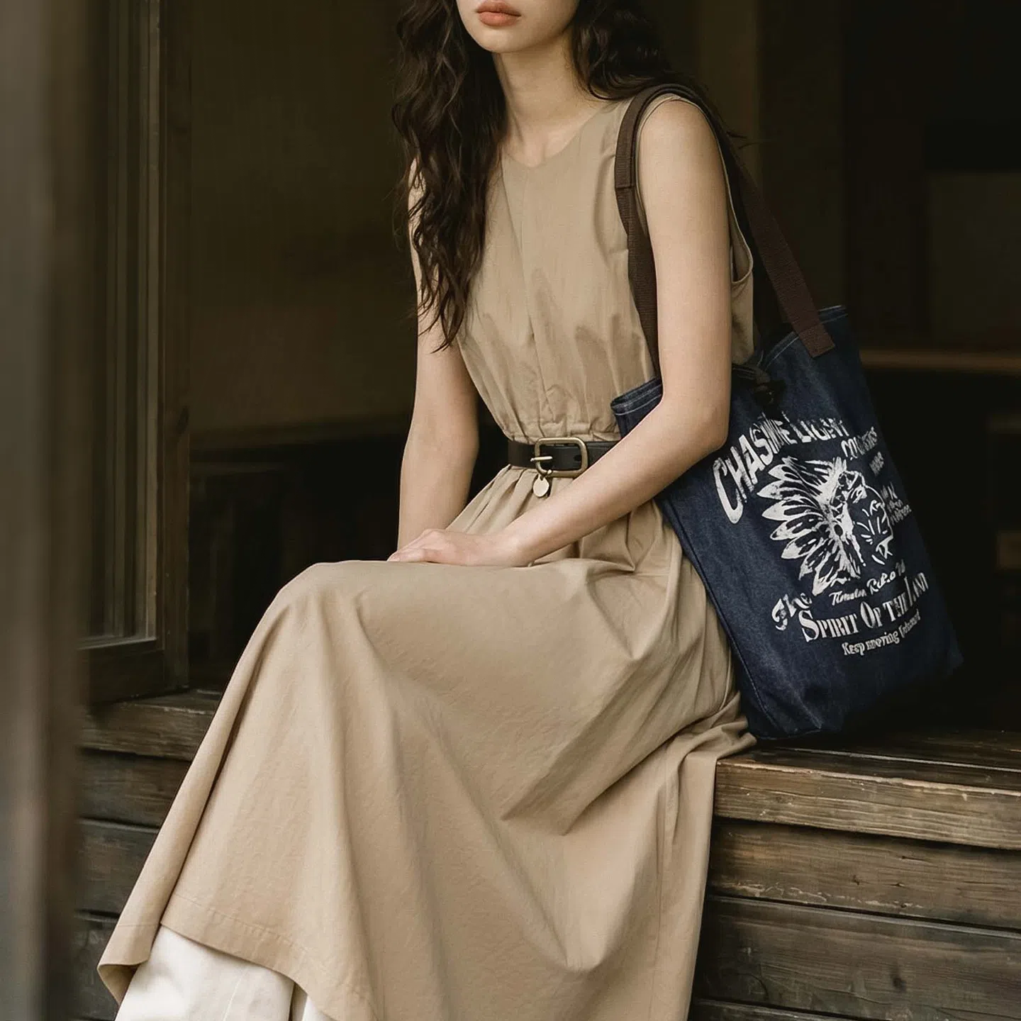 MADEN Women's Cotton Drawstring Maxi Dress