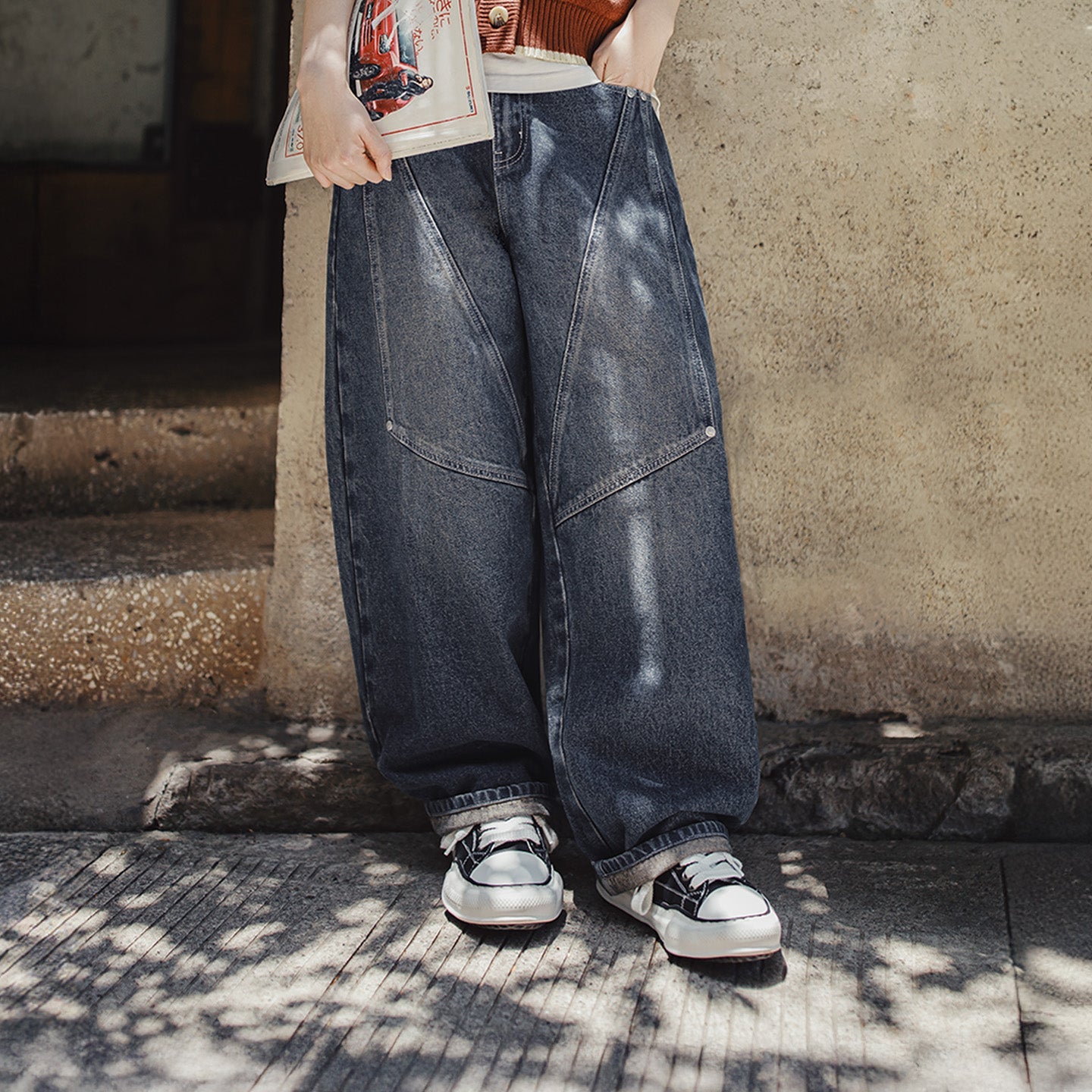 MADEN 15oz Patchwork Wide-Leg Denim Cargo Pants