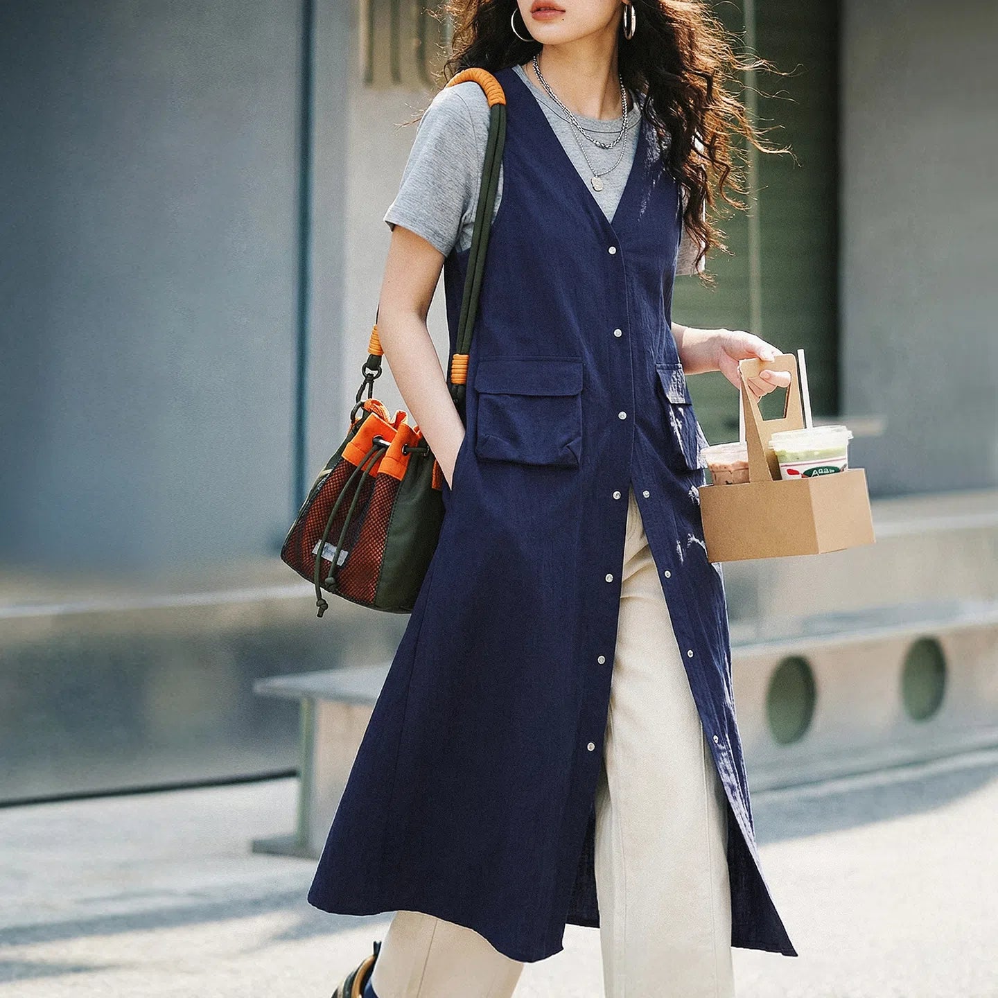 MADEN Utility Longline Weste Kleid - V-Ausschnitt
