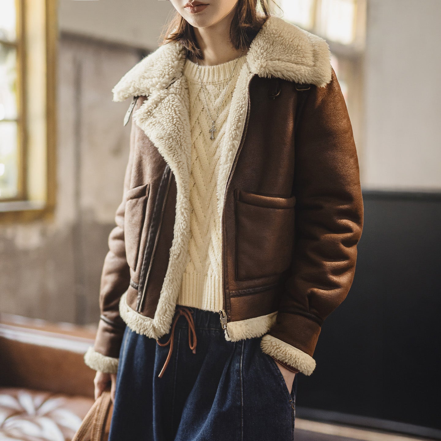 MADEN Women's Suede Shearling-Lined Bomber Jacket