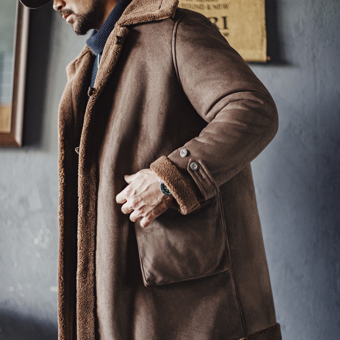 MADEN Suede-Fleece Mid-Length Parka Coat