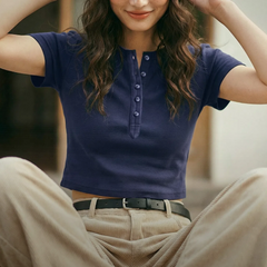 Camiseta henley corta de algodón para mujer MADEN