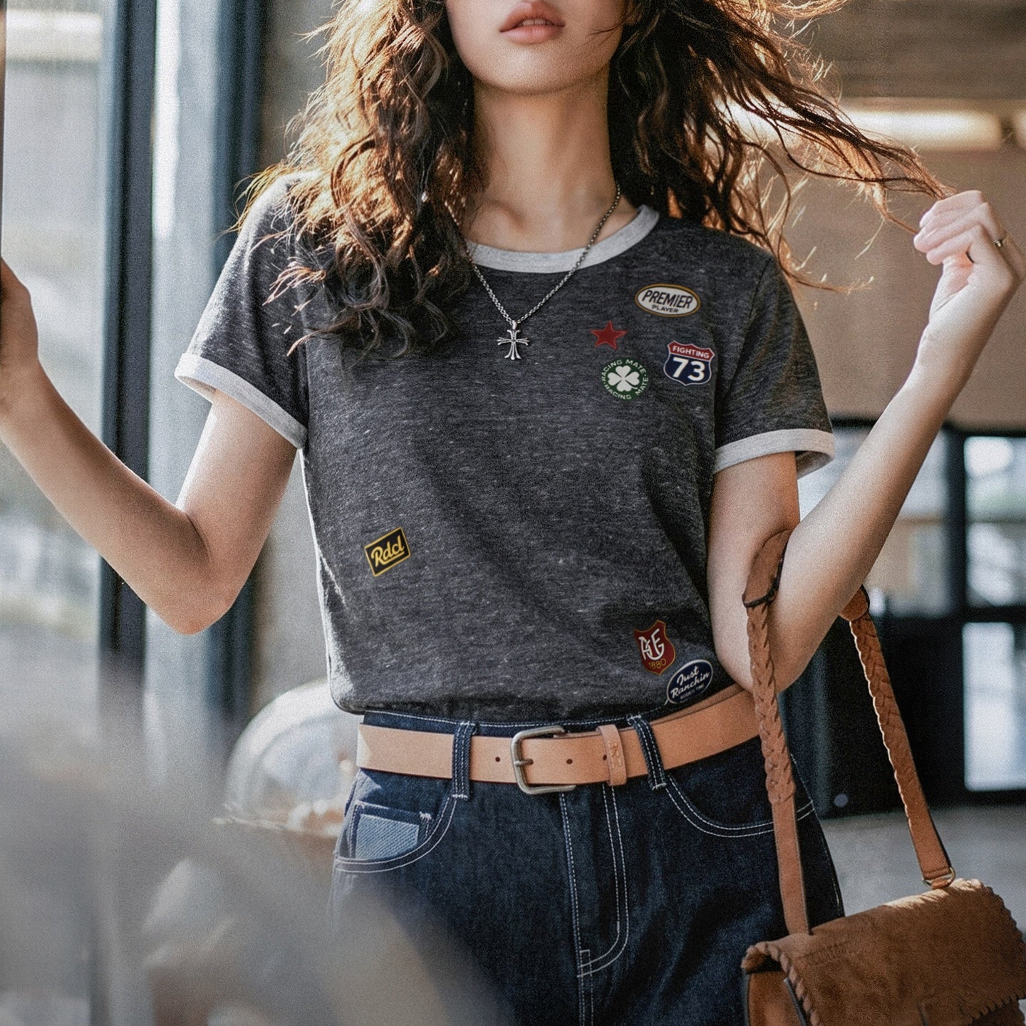 MADEN Women's Patchwork Short-Sleeve T-Shirt