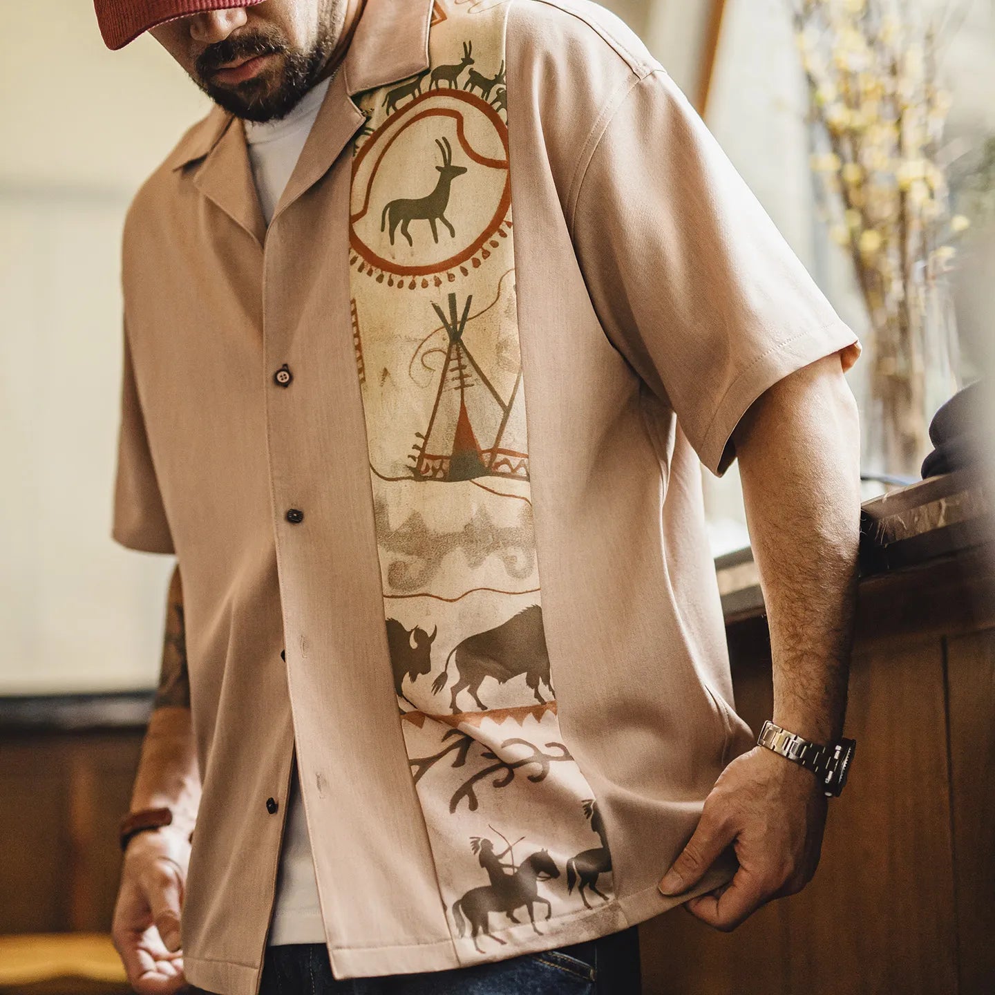 MADEN Totem  Printing  Camp Collar V-neck shirt