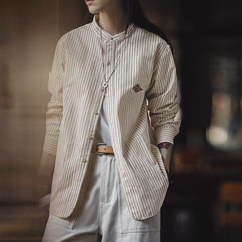 MADEN Gestreiftes Langarmhemd mit Stehkragen – 100 % Baumwolle 