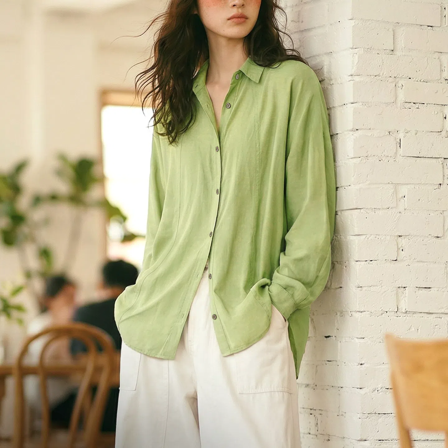 MADEN Women's Green Lyocell Long Shirt