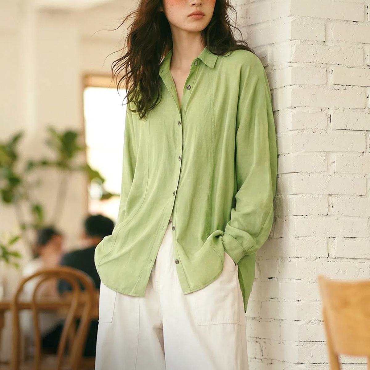 MADEN Women's Green Lyocell Long Shirt