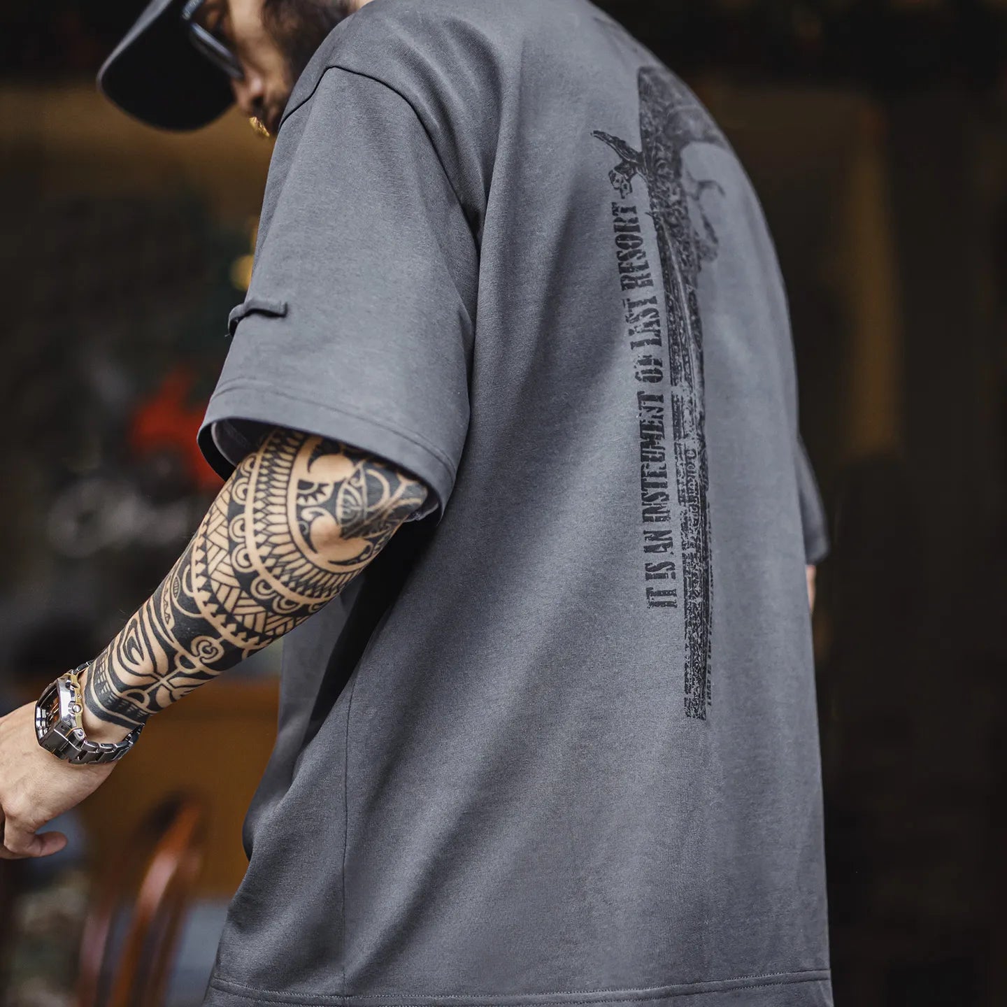 MADEN Vintage Gun Print Heavyweight Cotton T-Shirt