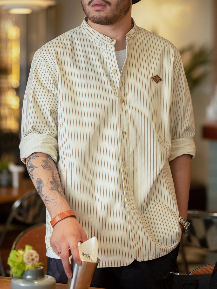 MADEN Stand Collar Striped Shirt – Cotton 100%