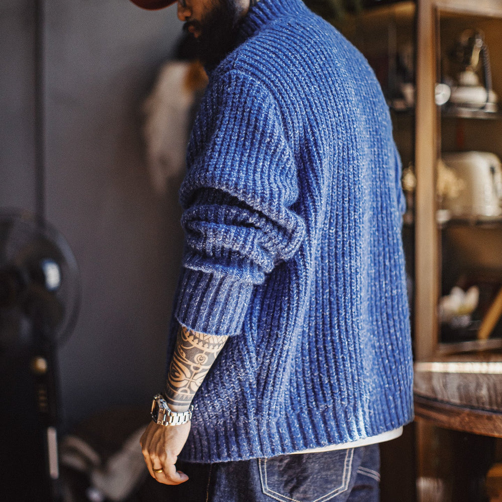 MADEN Blue Stand Collar Cardigan Sweater