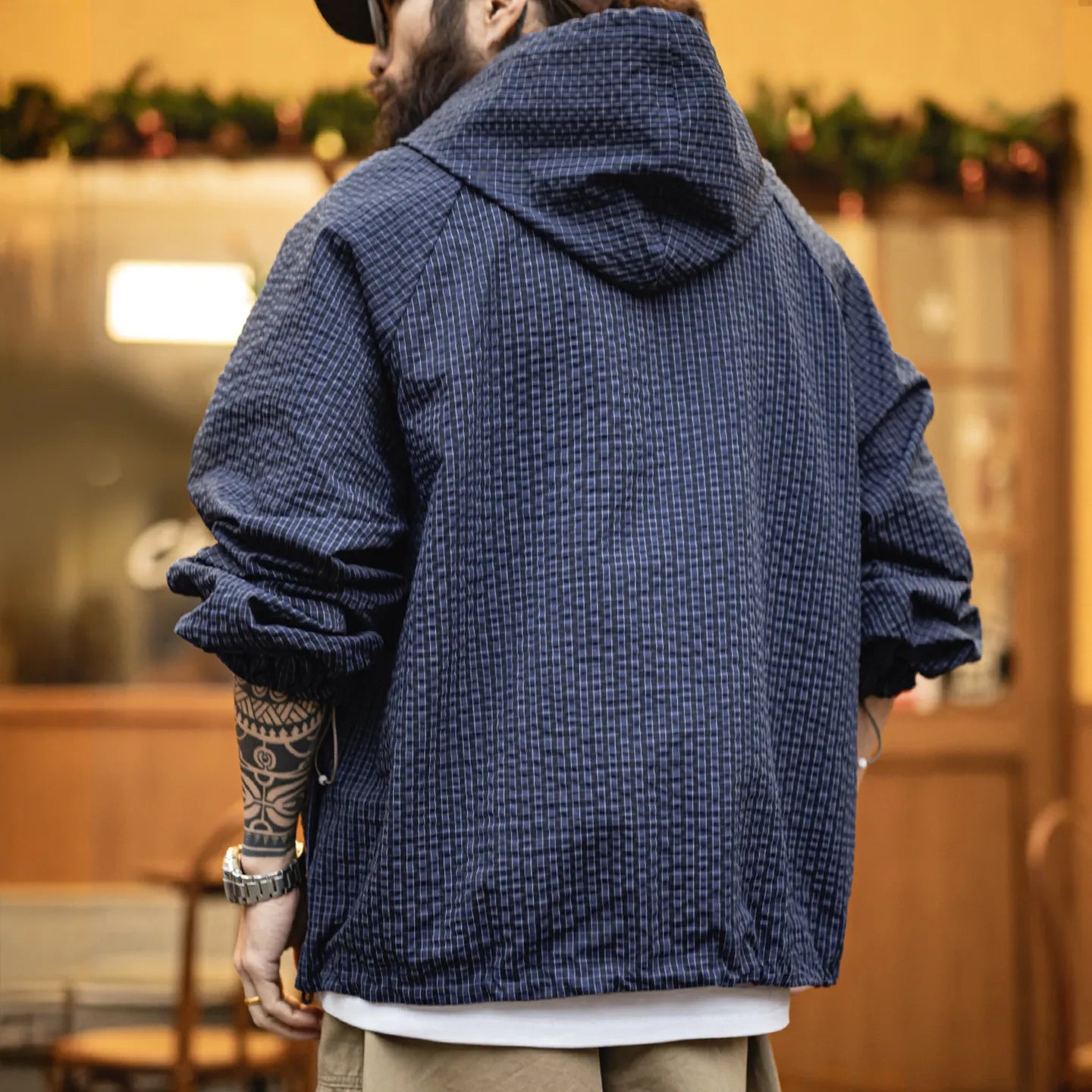 MADEN Seersucker Plaid Hooded Jacket