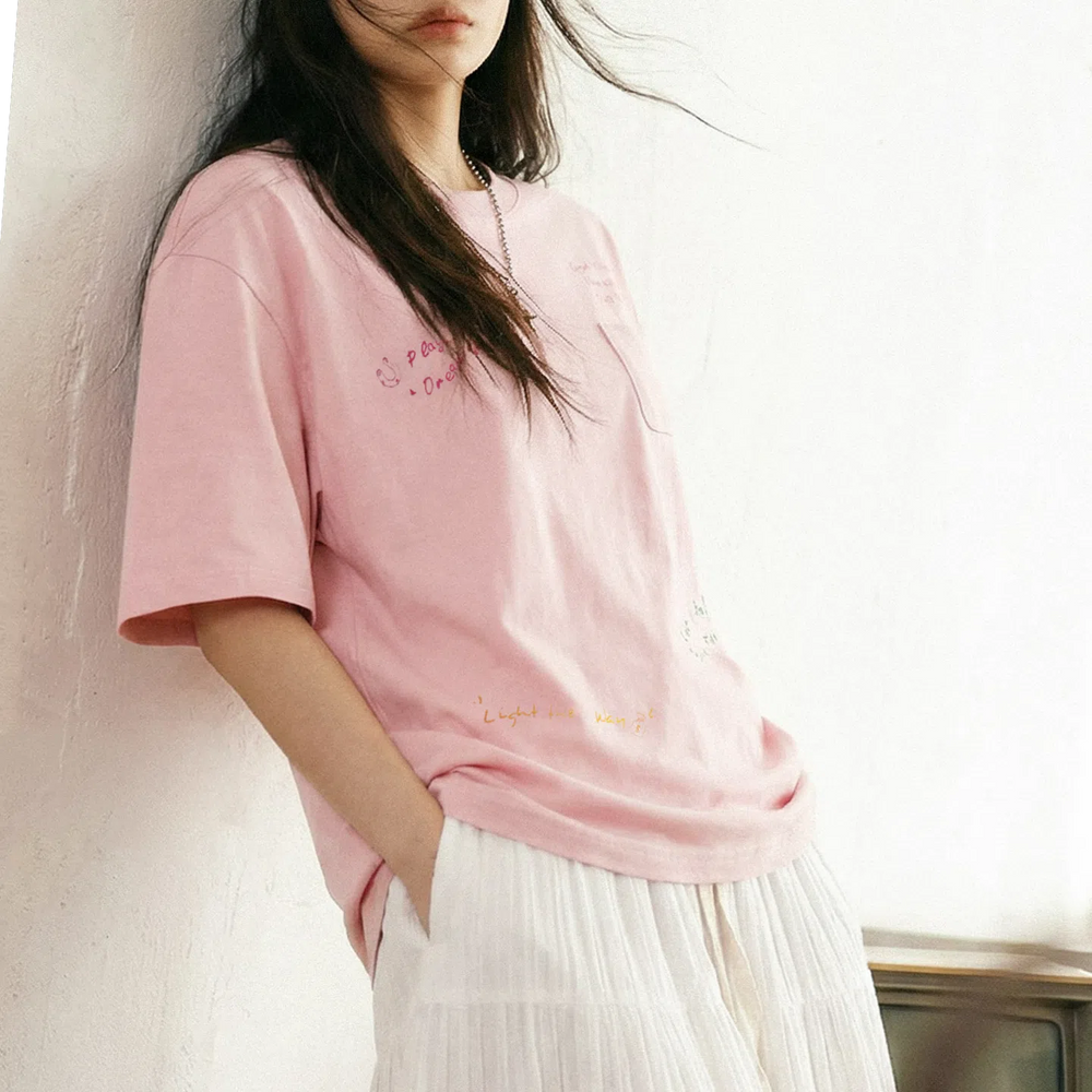MADEN Women's Pink Pocket Embroidery Tee