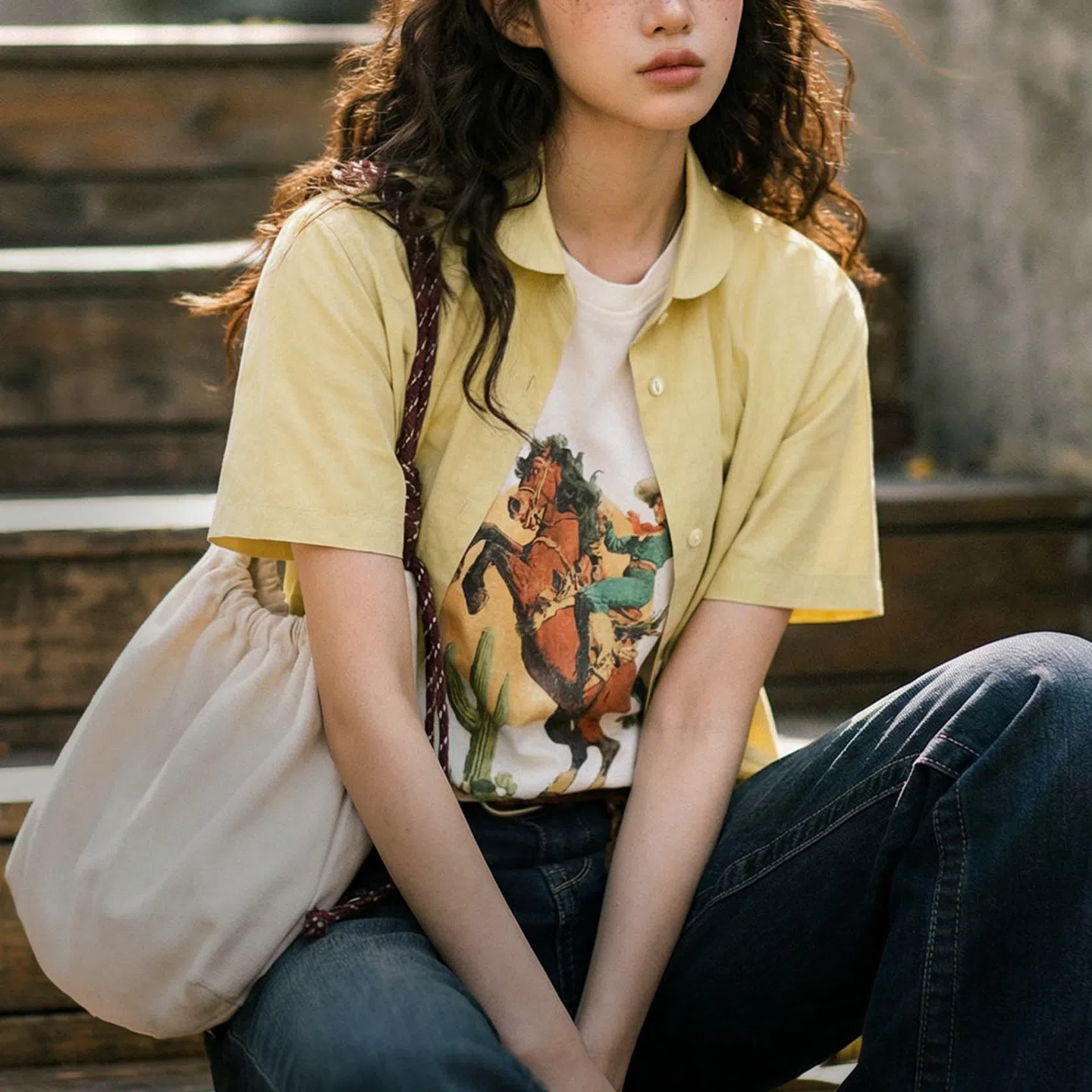 MADEN Women's Yellow Doll Collar Shirt