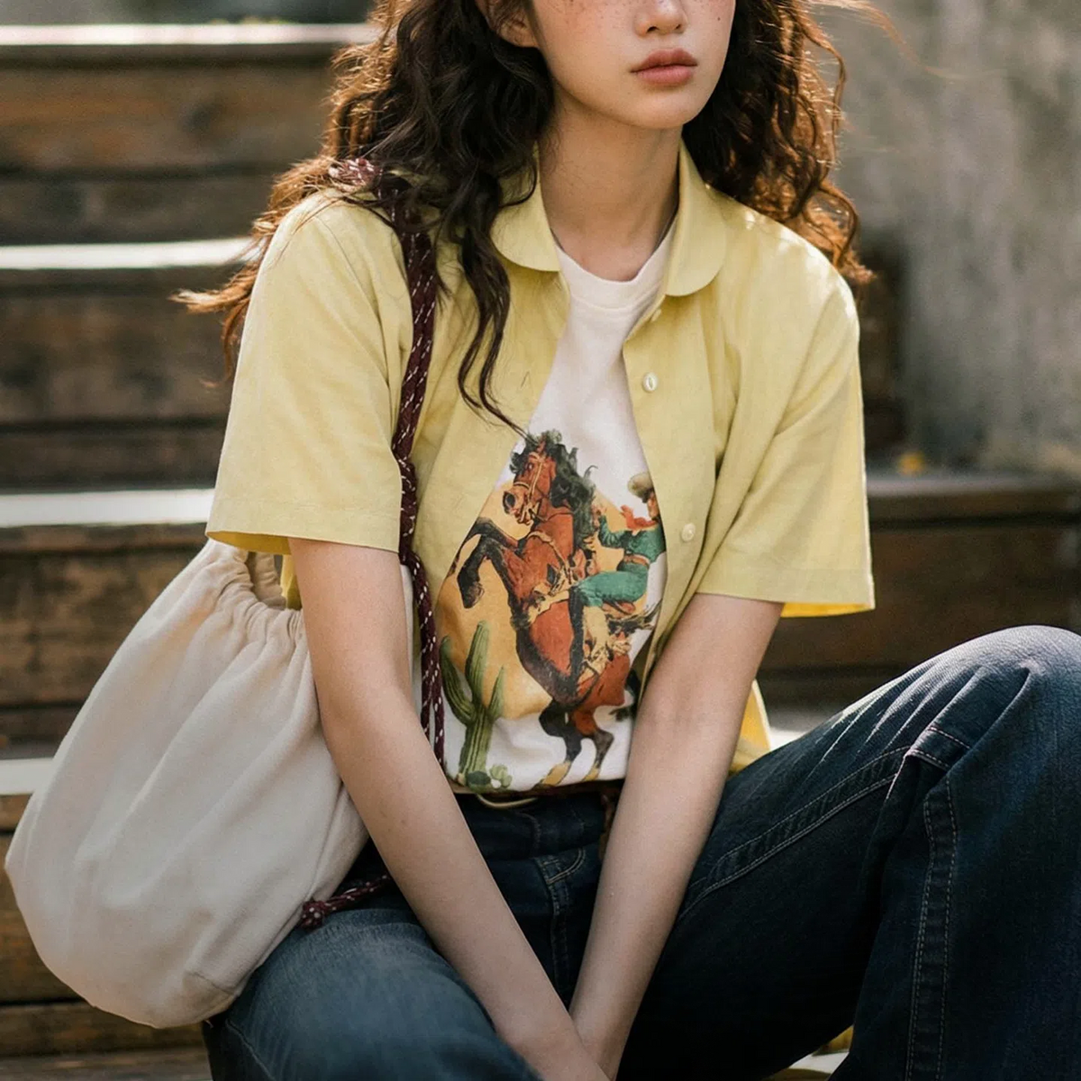 MADEN Women's Yellow Doll Collar Shirt