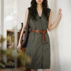 MADEN Women's V-Neck Sleeveless Vest Dress with Belt