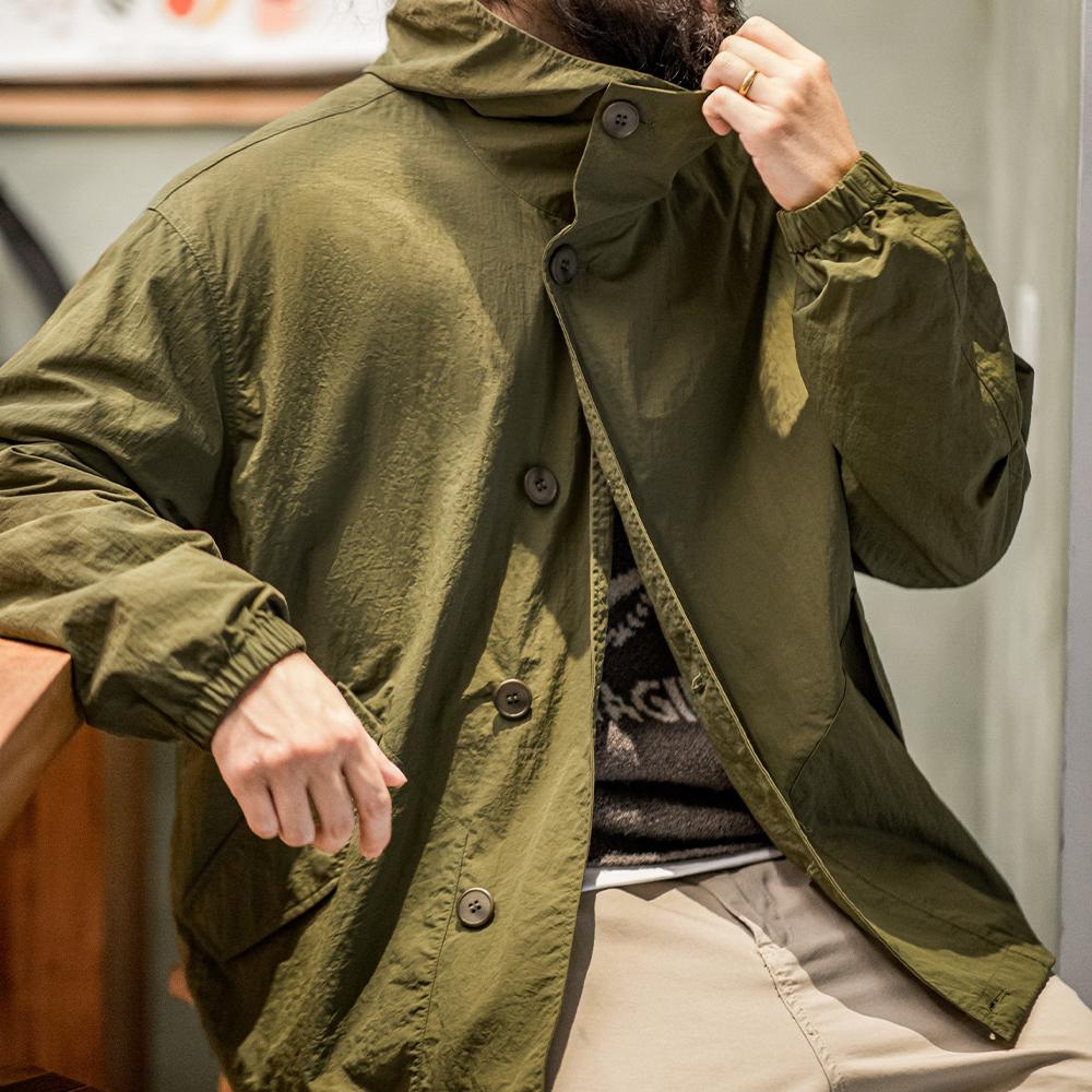 マデン レトロ風 ざらざら軽量 ナイロン 帽子付き上着 屋外用 男性用 ハイキング 登山用 防寒着 2色展開
