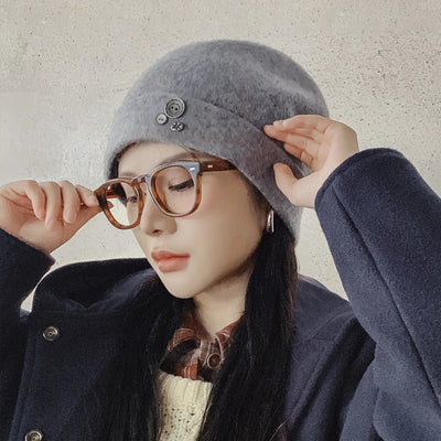 Gorro de punto gris para mujer MADEN 100% lana, cálido y grueso para invierno, diseño con cubreorejas para cabeza grande, gorra suave para clima frío