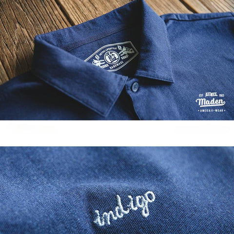 Maden Vintage Indigo Polohemden mit Reverskragen für Herren, Freizeit, 100 % Baumwolle, Taschen-T-Shirt, Kleinblau, Kurzarm-T-Shirts, Sommeroberteile 