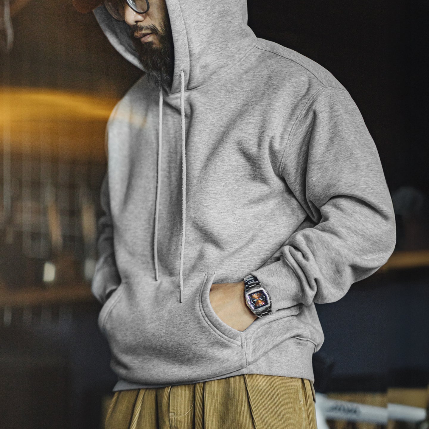 MADEN Herren Grauer Hoodie – Fleecegefüttert