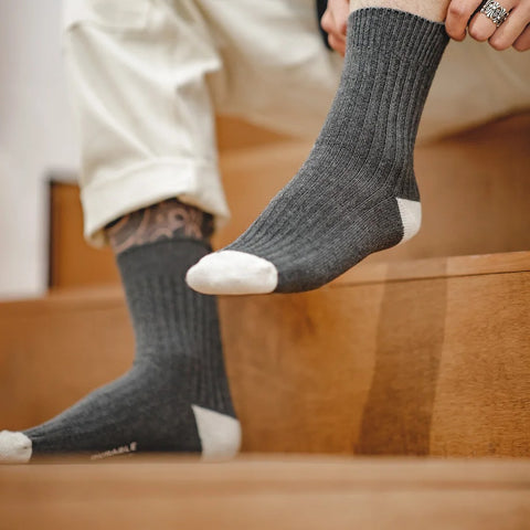 Maden Men's Breathable  Socks Casual Contrasting Color Knitted Mid-calf Socks Three-color Pit Thick  Warm Line Long Socks