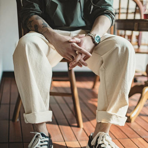 MADEN 綿実殻 米色 カジュアルジーンズ ゆったりストレート ワイドパンツ ポケット付き カーゴパンツ リラックス ストリート服