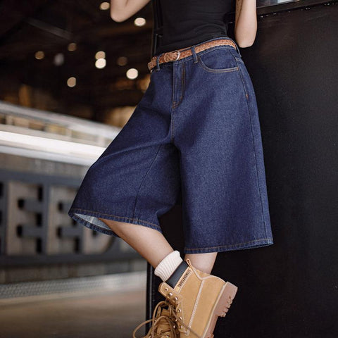 MADEN Summer Vintage Indigo Denim Culottes - New Wide-Leg Slimming Petite-Cut Mid-Length Shorts Women