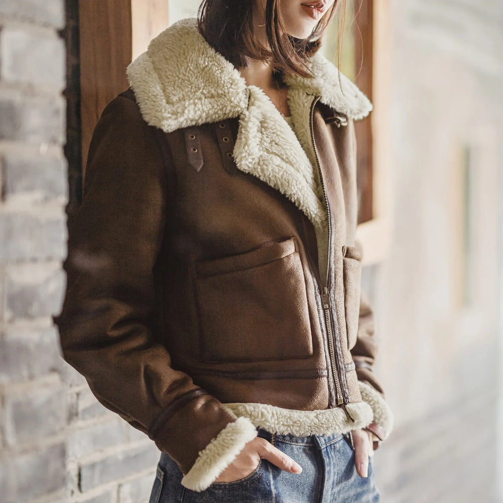 MADEN Damen Wildleder-Bomberjacke mit Lammfellfutter
