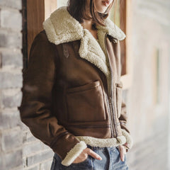 MADEN Damen Wildleder-Bomberjacke mit Lammfellfutter