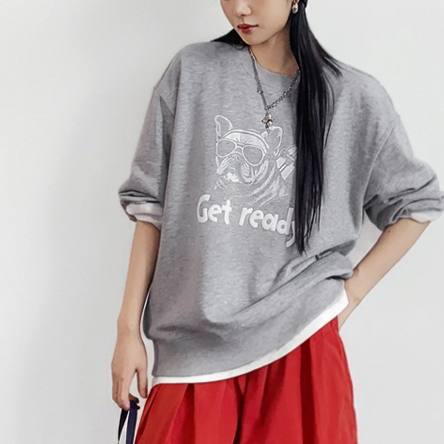 MADEN Grauer, schwerer Pullover mit Print 