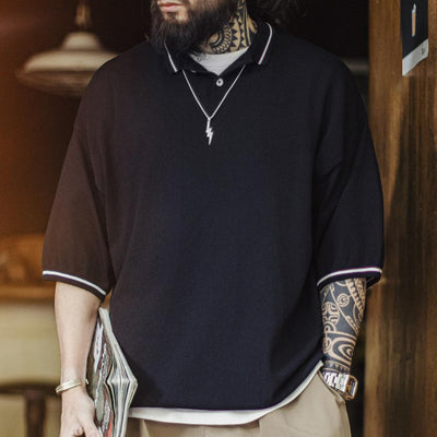 MADEN Men's Polo Shirt  Old Money Luxury Style Color-Block Stretch Soft T-shirt Oversized Drape Jersey Short Sleeve Tee