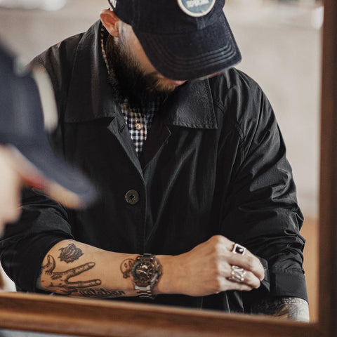 마덴 남성용 검은색 발마칸 코트 – 중간 길이 느슨한 핏 캐주얼 복고풍 오버코트 출퇴근 스타일 트렌치 재킷 가을 봄용