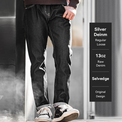 MADEN Silver Denim Jeans Selvedge 13Oz Raw Denim  Straight Cut Regular Fit Men's Casual Pants Trousers Original Design