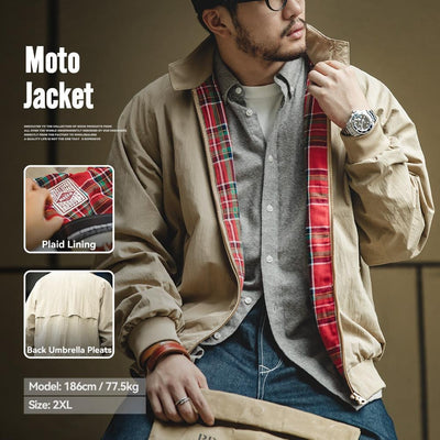 MADEN Herren Retro G9 Harrington Jacke – Kariertes Futter, Stehkragen, Arbeits- und Motorradjacke 
