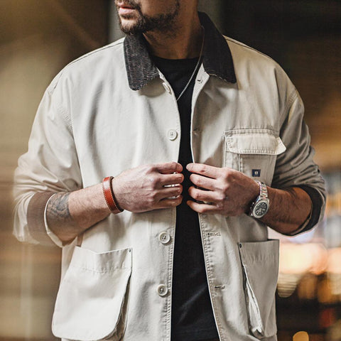 MADEN Retro Jacket Lapel Corduroy Collar Safari Jacket Big Pockets Men's Outwear