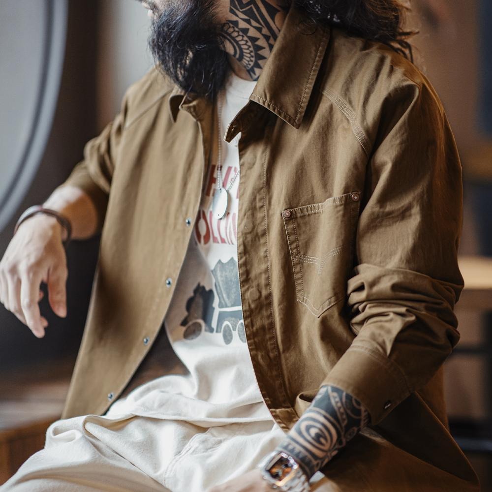 MADEN Cowboy Print Langarm Baumwoll Hemdjacke