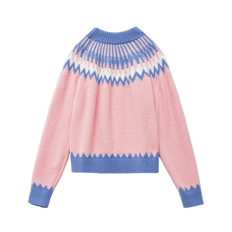 Suéter de punto estilo Fair Isle para mujer MADEN, suave, cálido, grueso, holgado, estilo retro de invierno, rosa, prenda superior cómoda