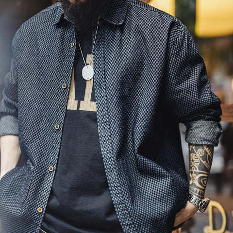 MADEN Herrenhemd mit Schachbrettmuster, lässig, Retro, langärmlig 